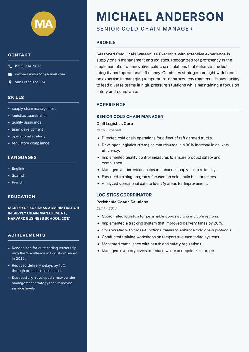 Cold Chain Warehouse Executive resume template — Classic Clean