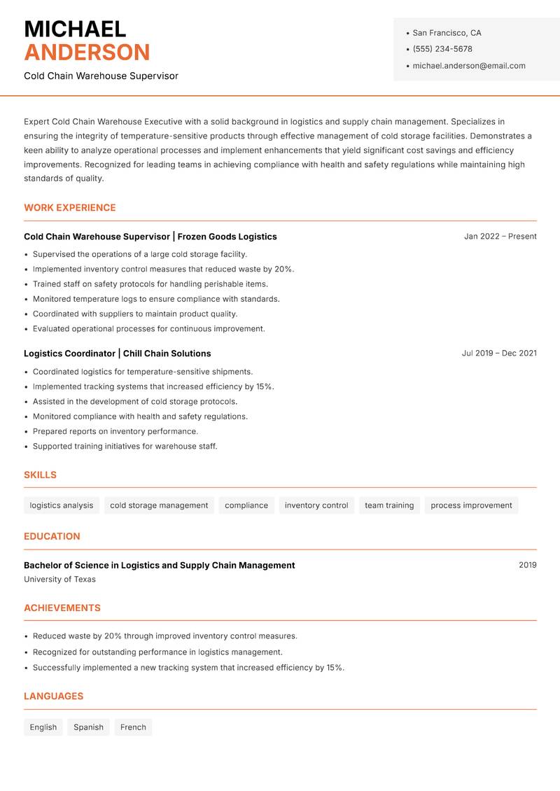 Cold Chain Warehouse Executive resume template — Modern Professional