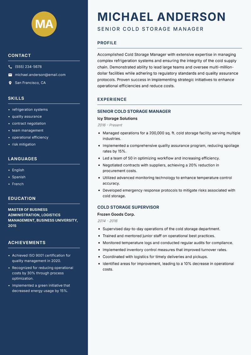Cold Storage Manager resume template — Classic Clean