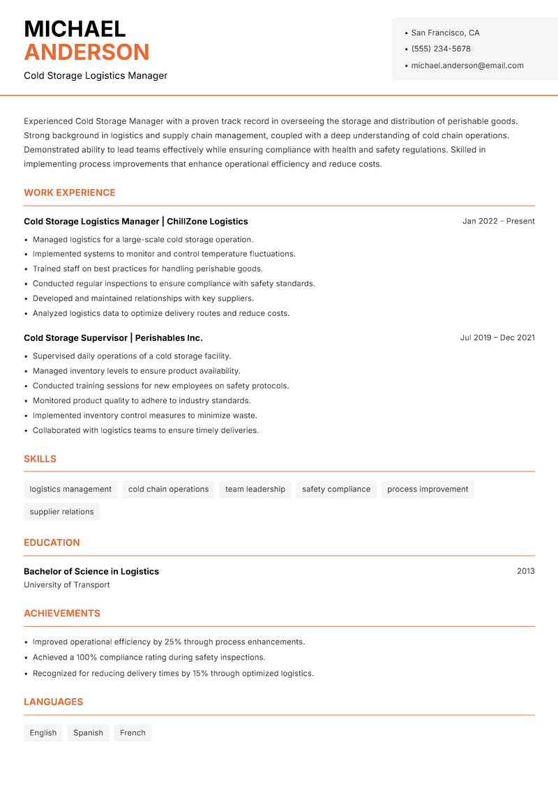 Cold Storage Manager resume template — Modern Professional