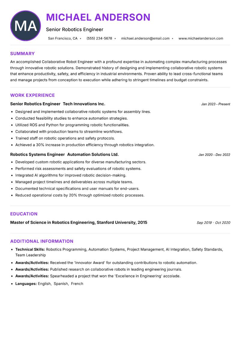 Collaborative Robot Engineer resume example — ATS-friendly template