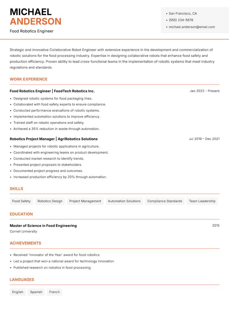 Collaborative Robot Engineer resume template — Modern Professional