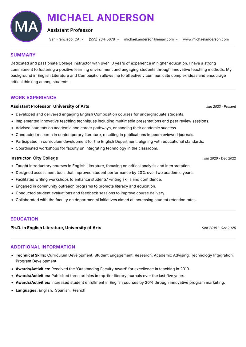 College Instructor resume example — ATS-friendly template