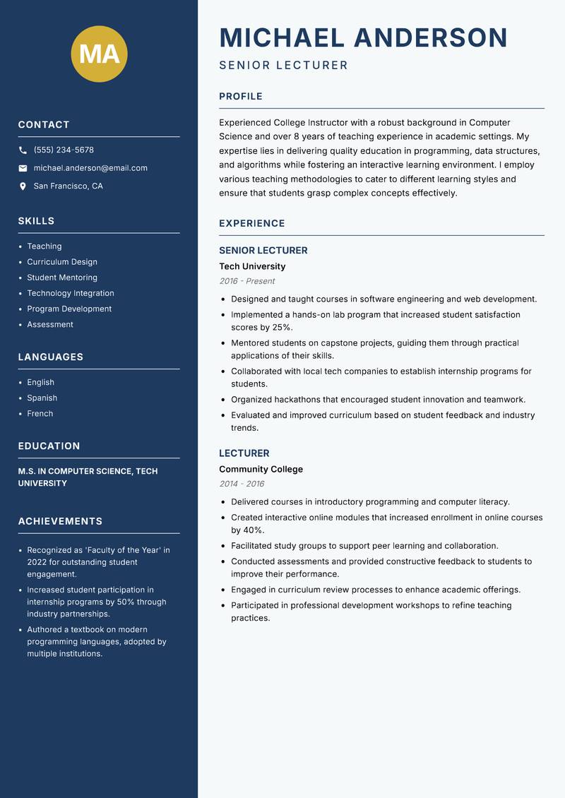 College Instructor resume template — Classic Clean