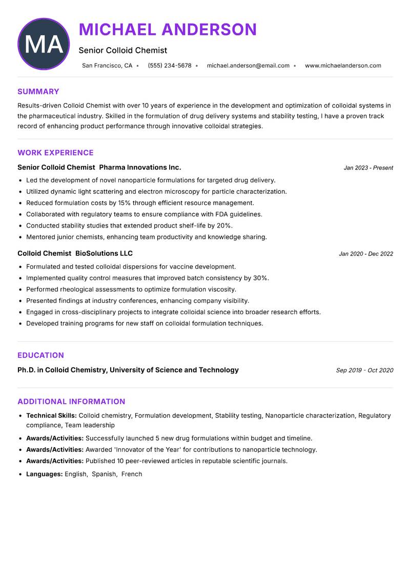 Colloid Chemist resume example — ATS-friendly template