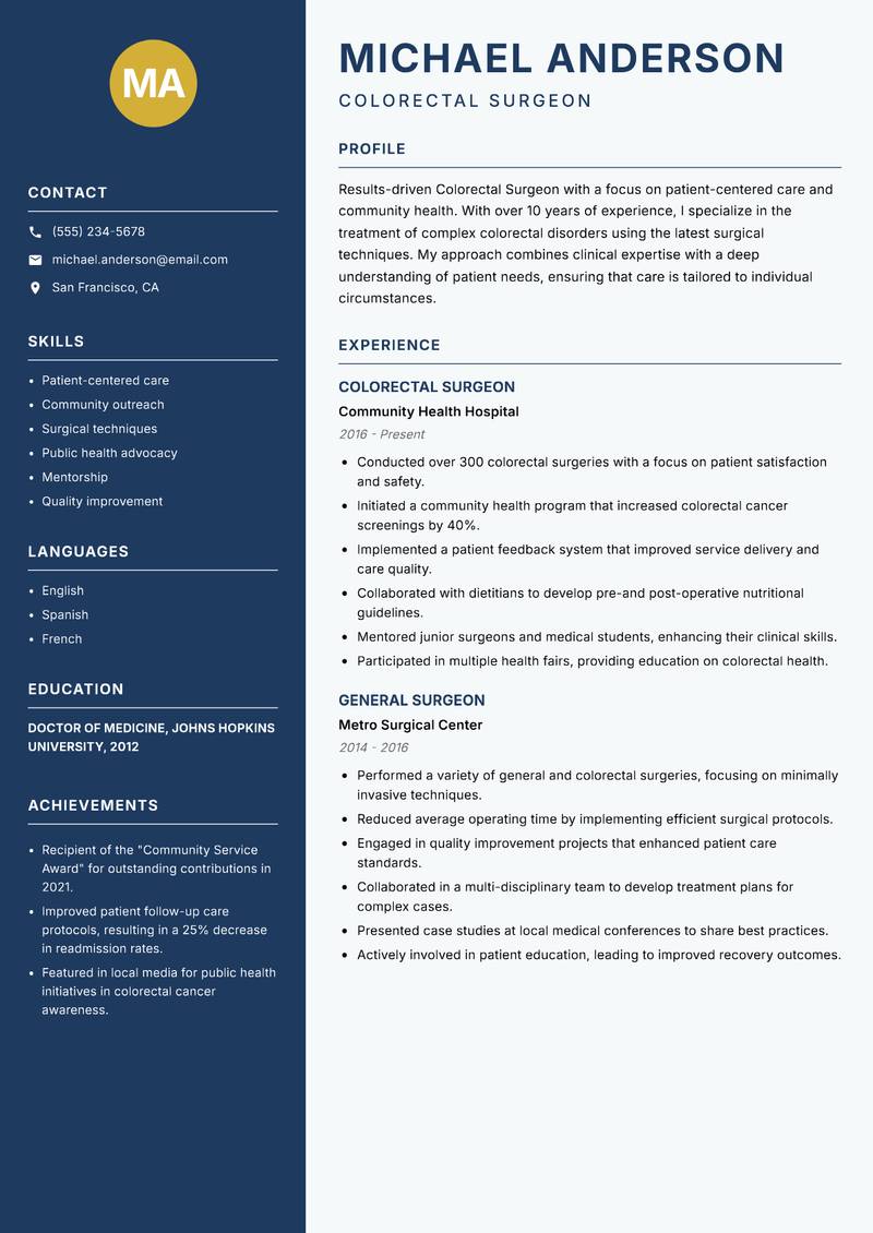 Colorectal Surgeon resume template — Classic Clean