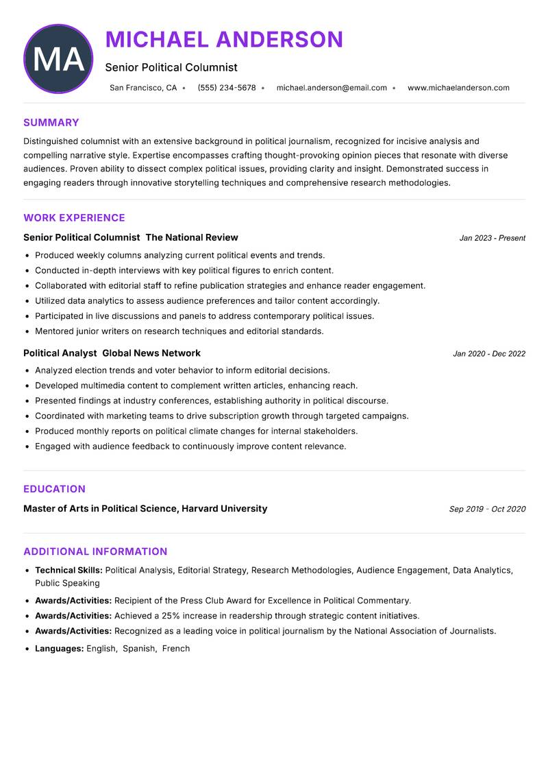 Columnist resume example — ATS-friendly template