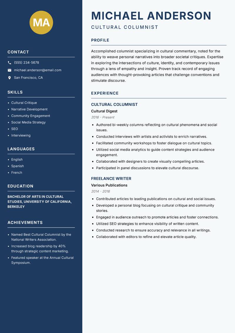 Columnist resume template — Classic Clean