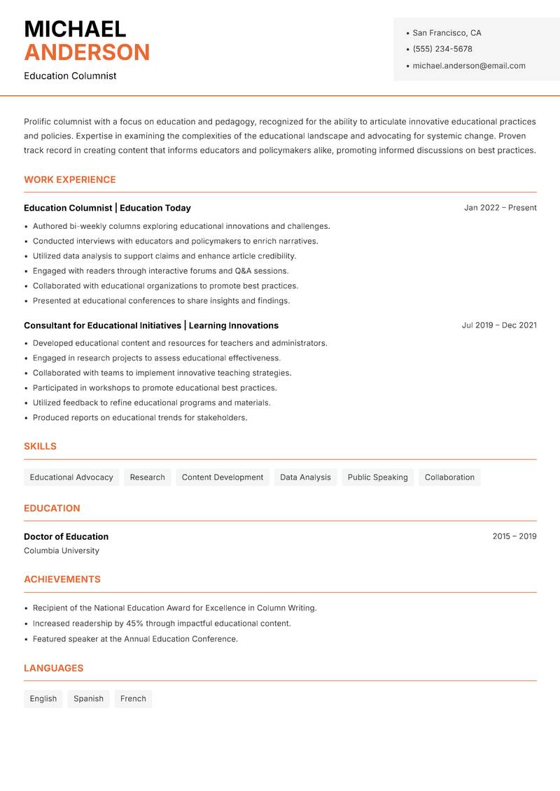 Columnist resume template — Modern Professional