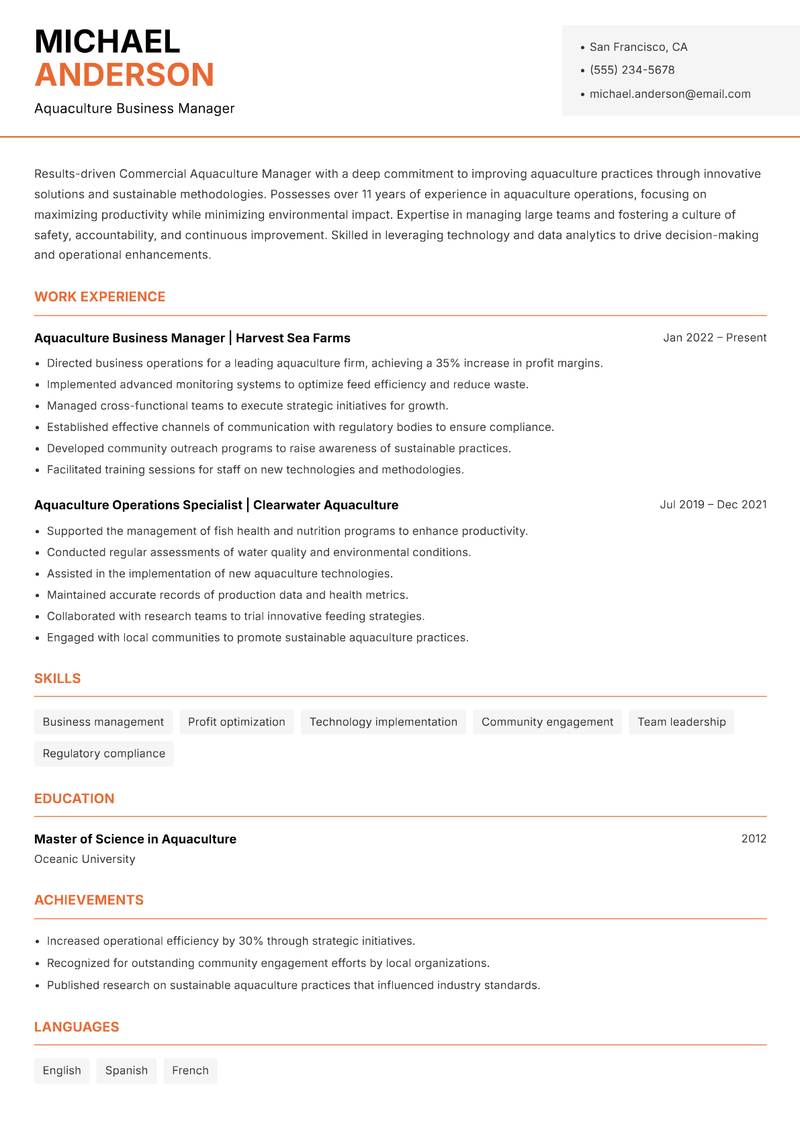 Commercial Aquaculture Manager resume template — Modern Professional