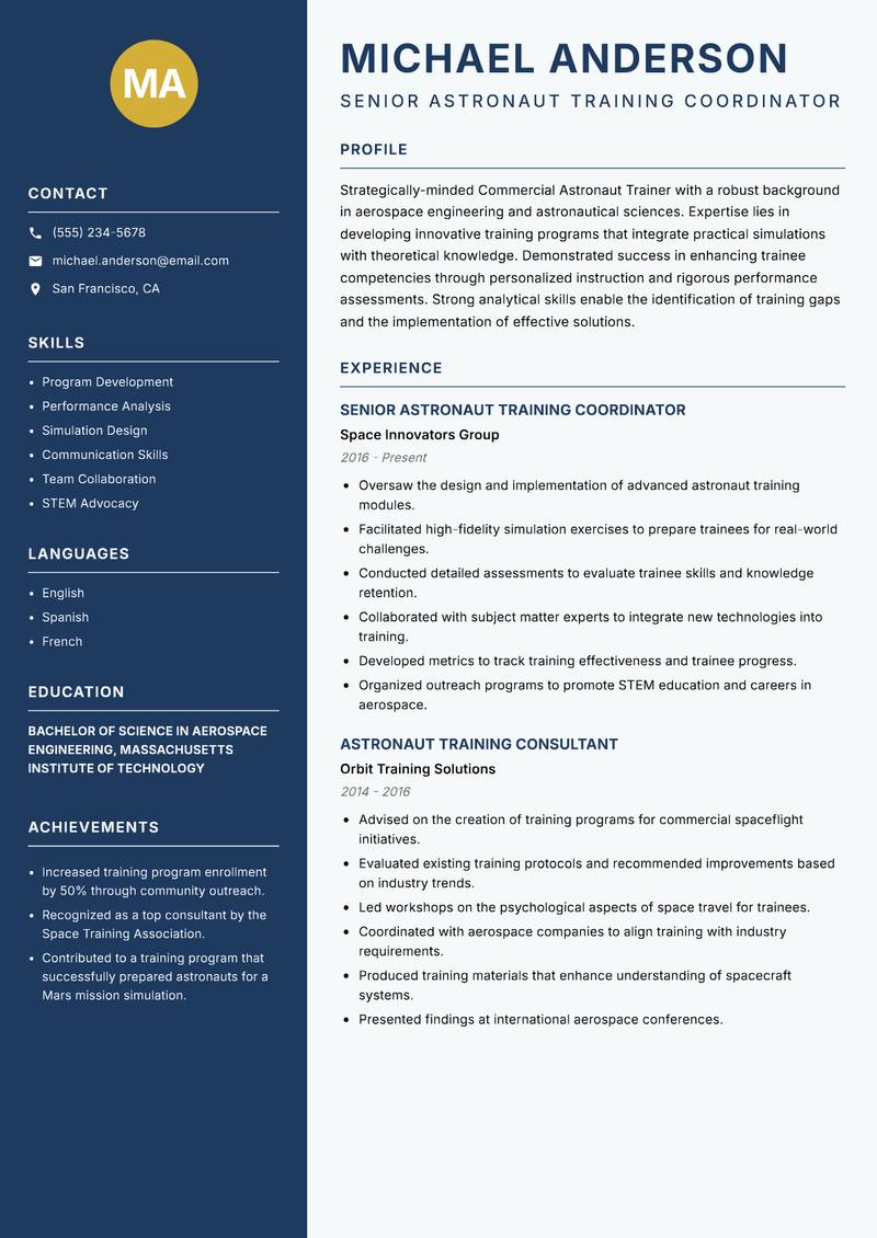 Commercial Astronaut Trainer resume template — Classic Clean