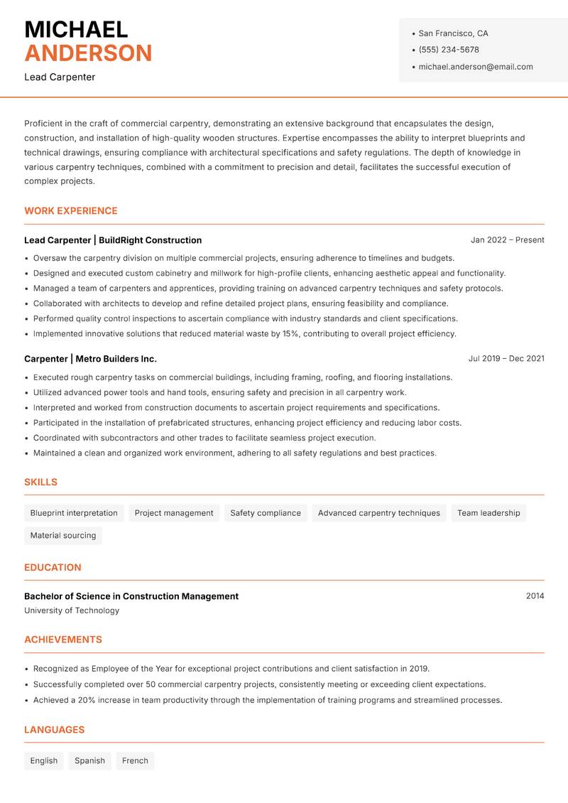 Commercial Carpenter resume template — Modern Professional