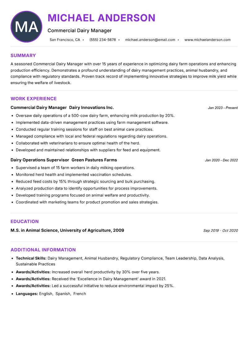 Commercial Dairy Manager resume example — ATS-friendly template