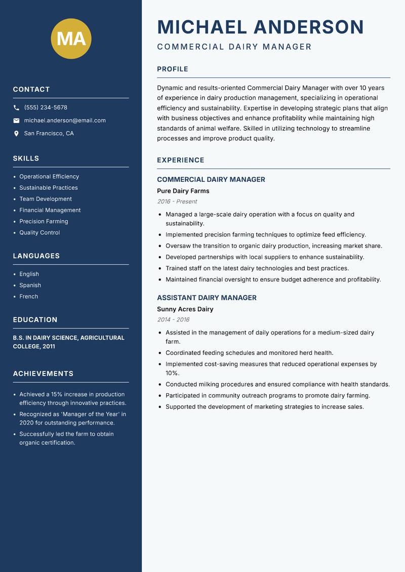 Commercial Dairy Manager resume template — Classic Clean