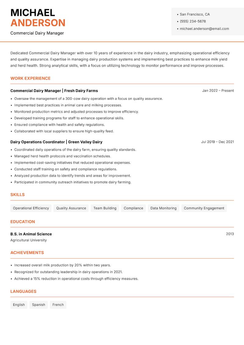 Commercial Dairy Manager resume template — Modern Professional