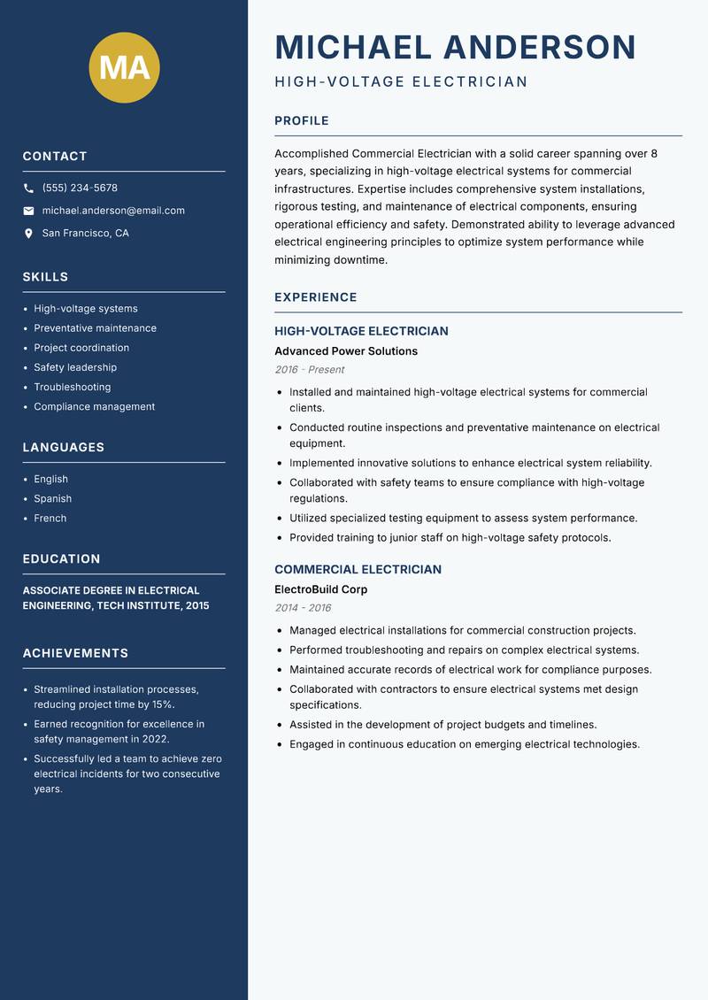 Commercial Electrician resume template — Classic Clean