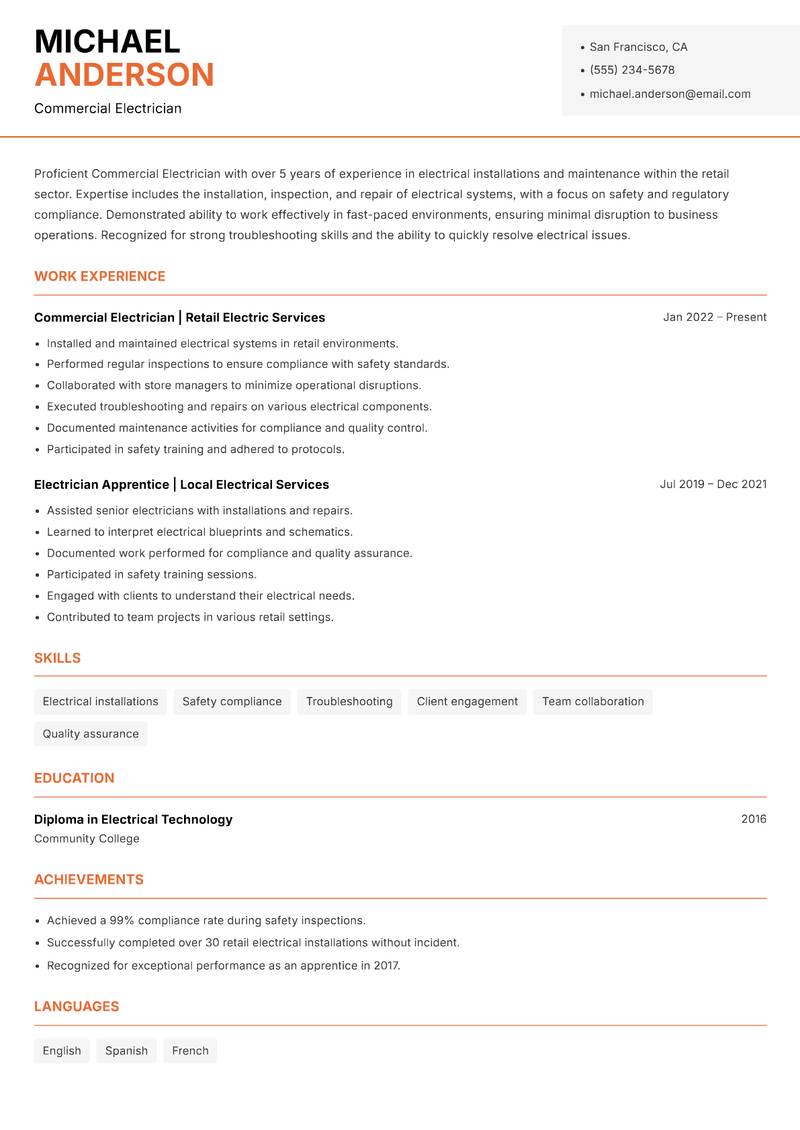 Commercial Electrician resume template — Modern Professional