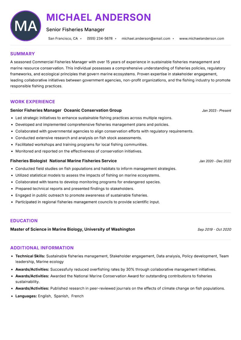 Commercial Fisheries Manager resume example — ATS-friendly template
