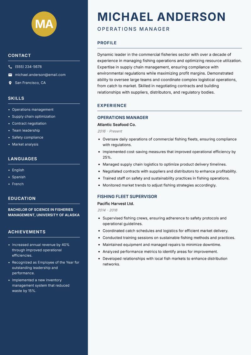 Commercial Fisheries Manager resume template — Classic Clean