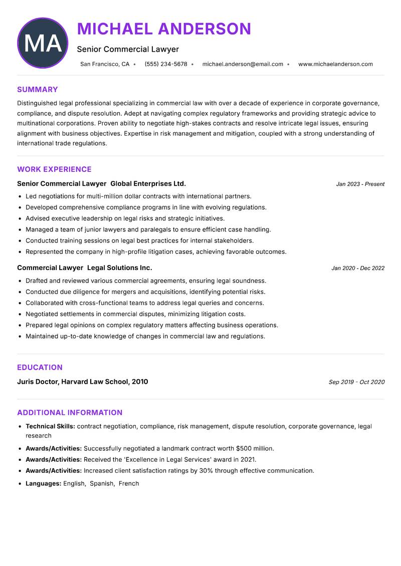 Commercial Lawyer resume example — ATS-friendly template