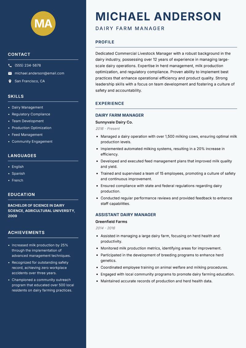 Commercial Livestock Manager resume template — Classic Clean