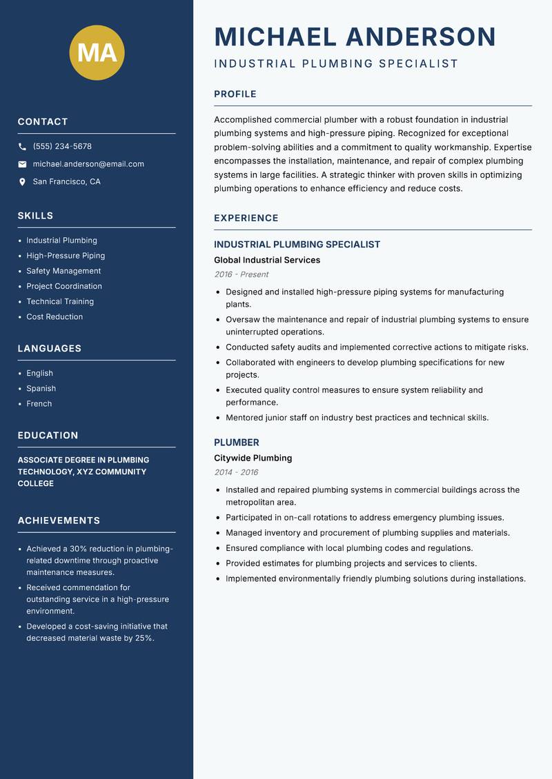 Commercial Plumber resume template — Classic Clean