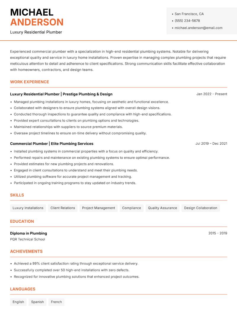 Commercial Plumber resume template — Modern Professional