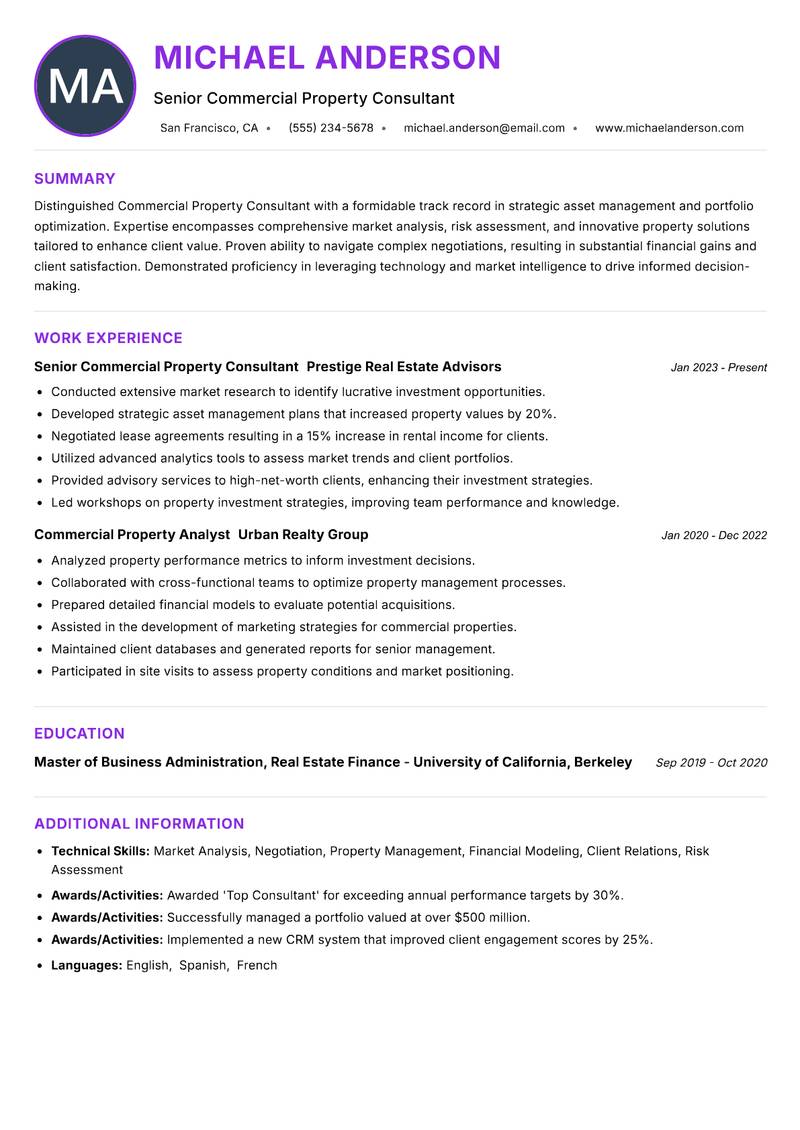 Commercial Property Consultant resume example — ATS-friendly template