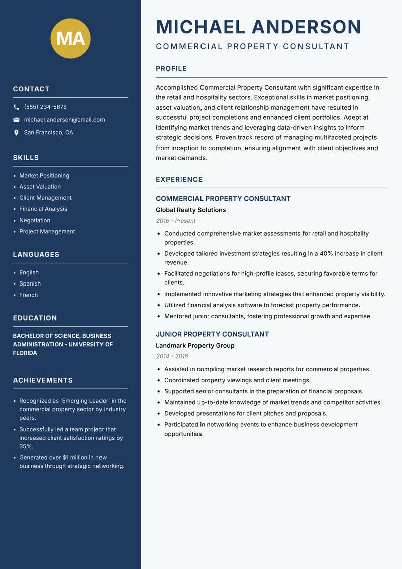 Commercial Property Consultant resume template — Classic Clean
