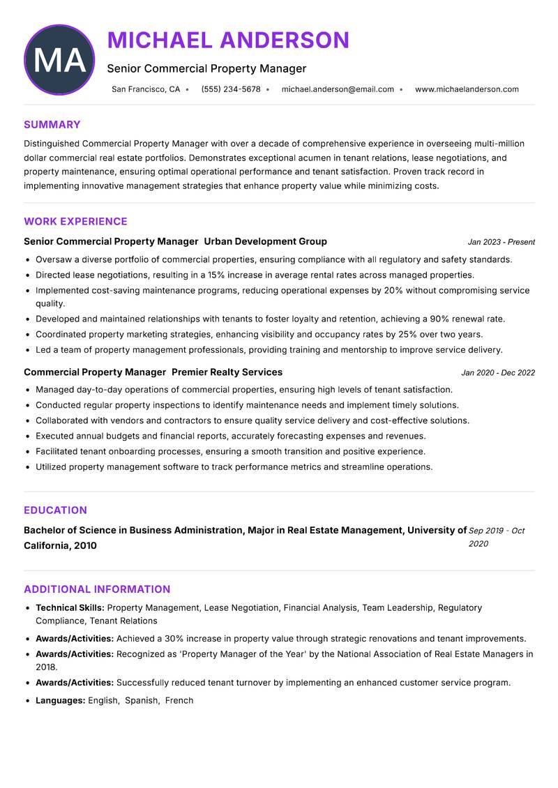 Commercial Property Manager resume example — ATS-friendly template