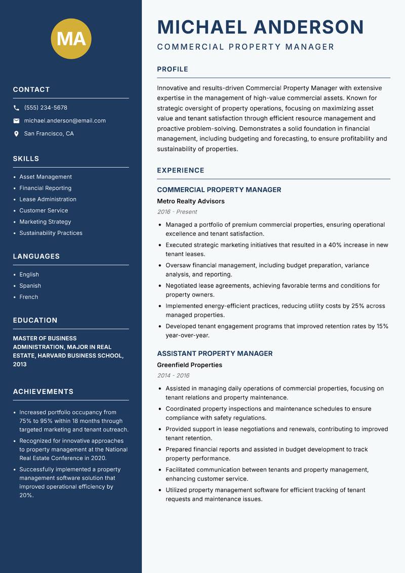 Commercial Property Manager resume template — Classic Clean
