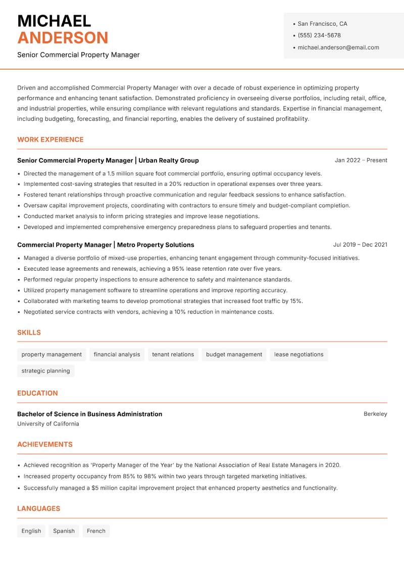 Commercial Property Manager resume template — Modern Professional