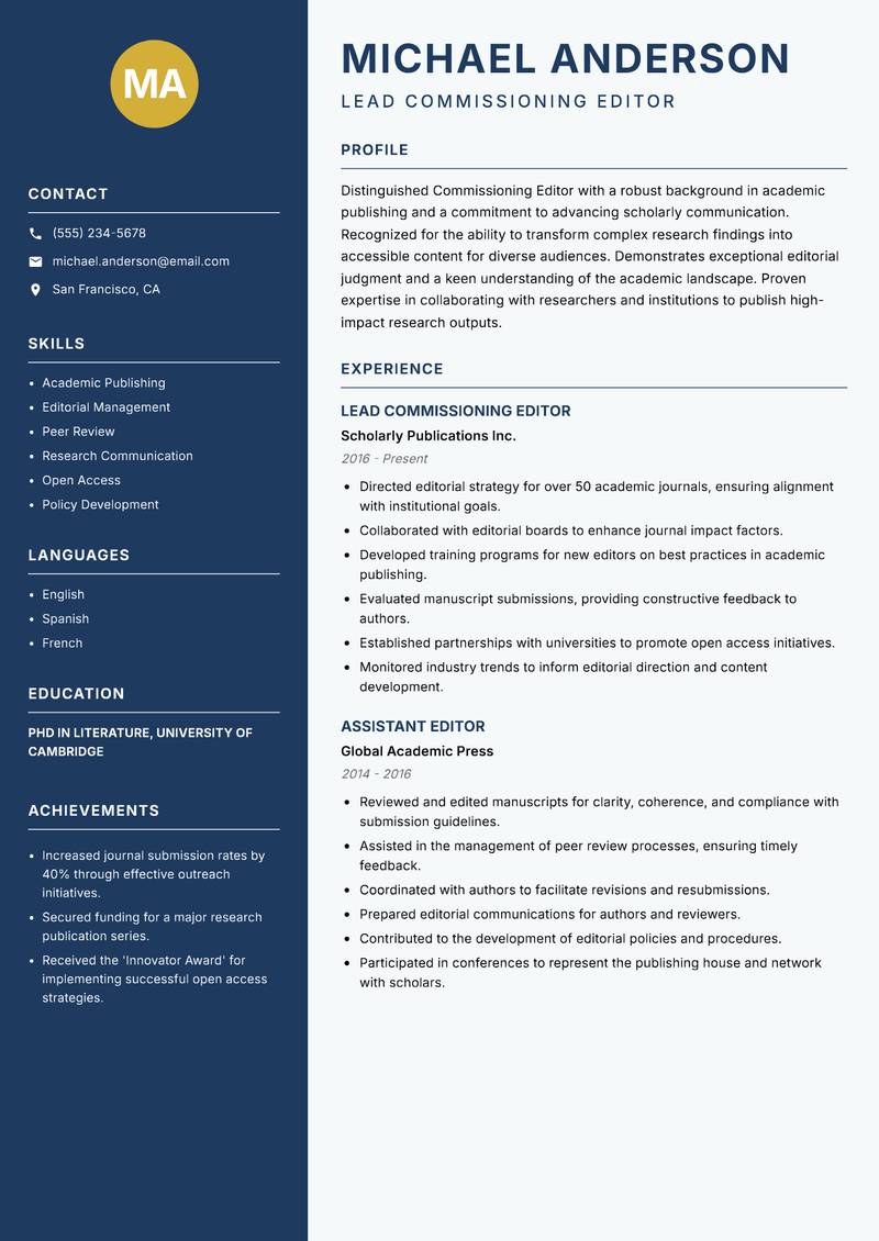 Commissioning Editor resume template — Classic Clean