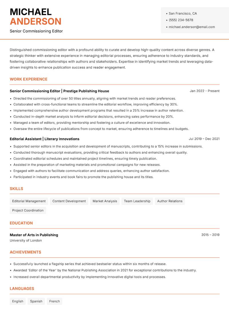 Commissioning Editor resume template — Modern Professional