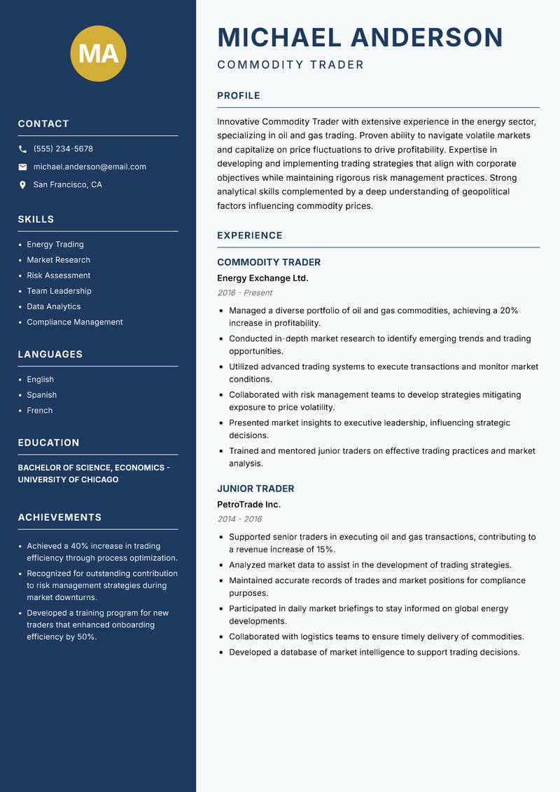 Commodity Trader resume template — Classic Clean