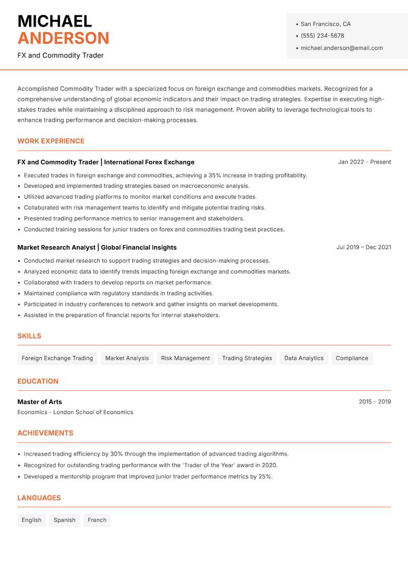 Commodity Trader resume template — Modern Professional