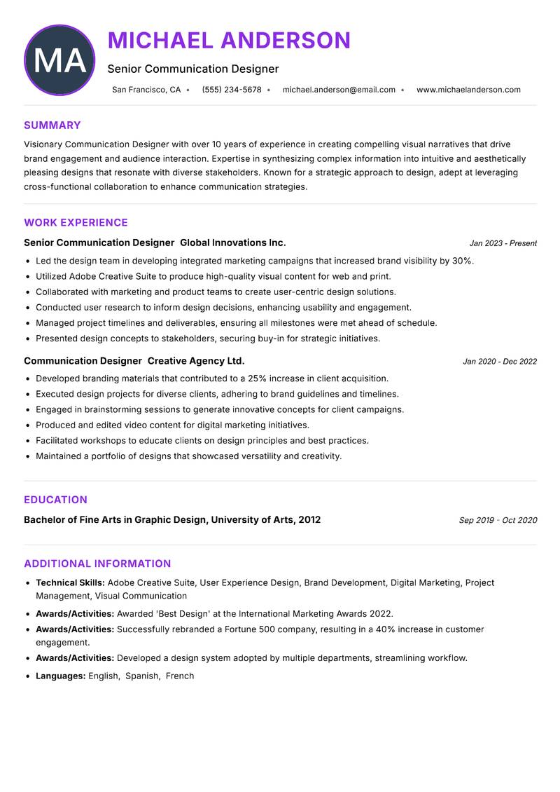 Communication Designer resume example — ATS-friendly template