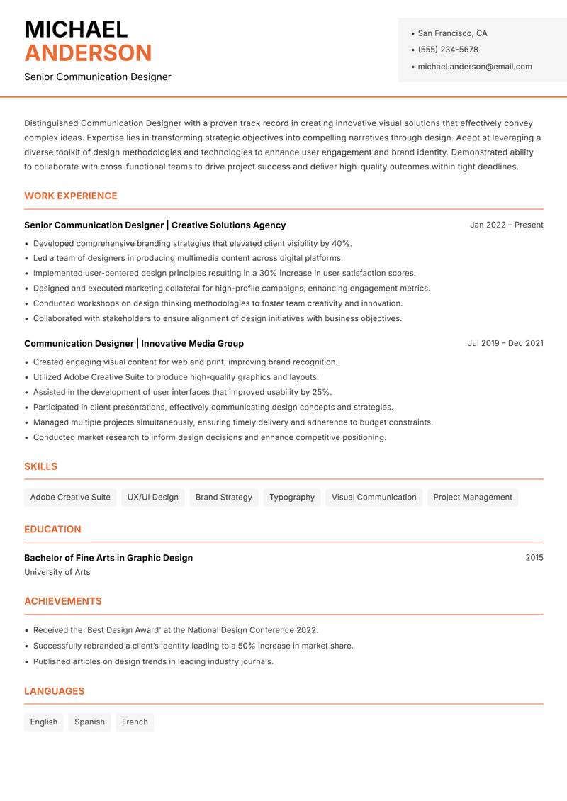 Communication Designer resume template — Modern Professional