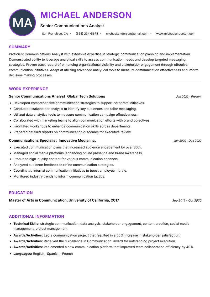 Communications Analyst resume example — ATS-friendly template