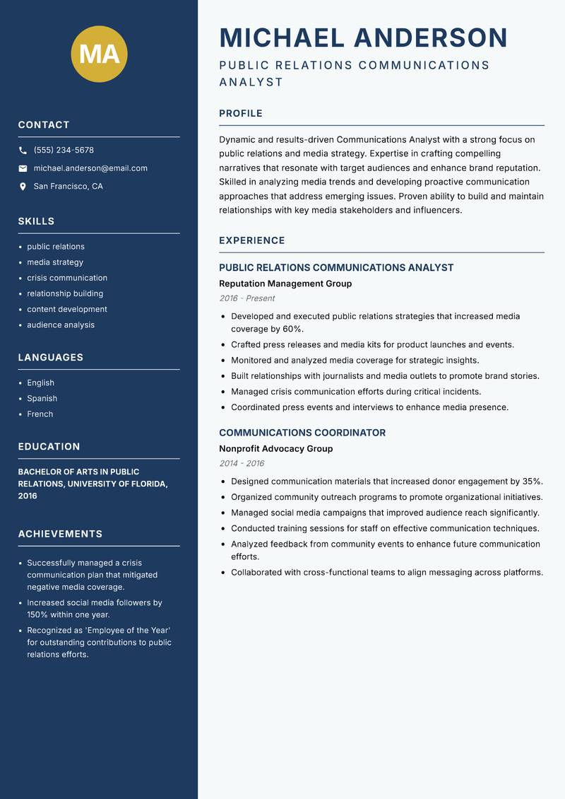 Communications Analyst resume template — Classic Clean