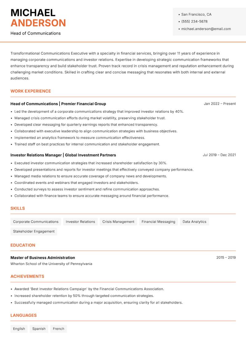 Communications Executive resume template — Modern Professional