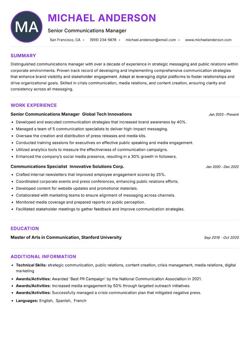 Communications Manager resume example — ATS-friendly template