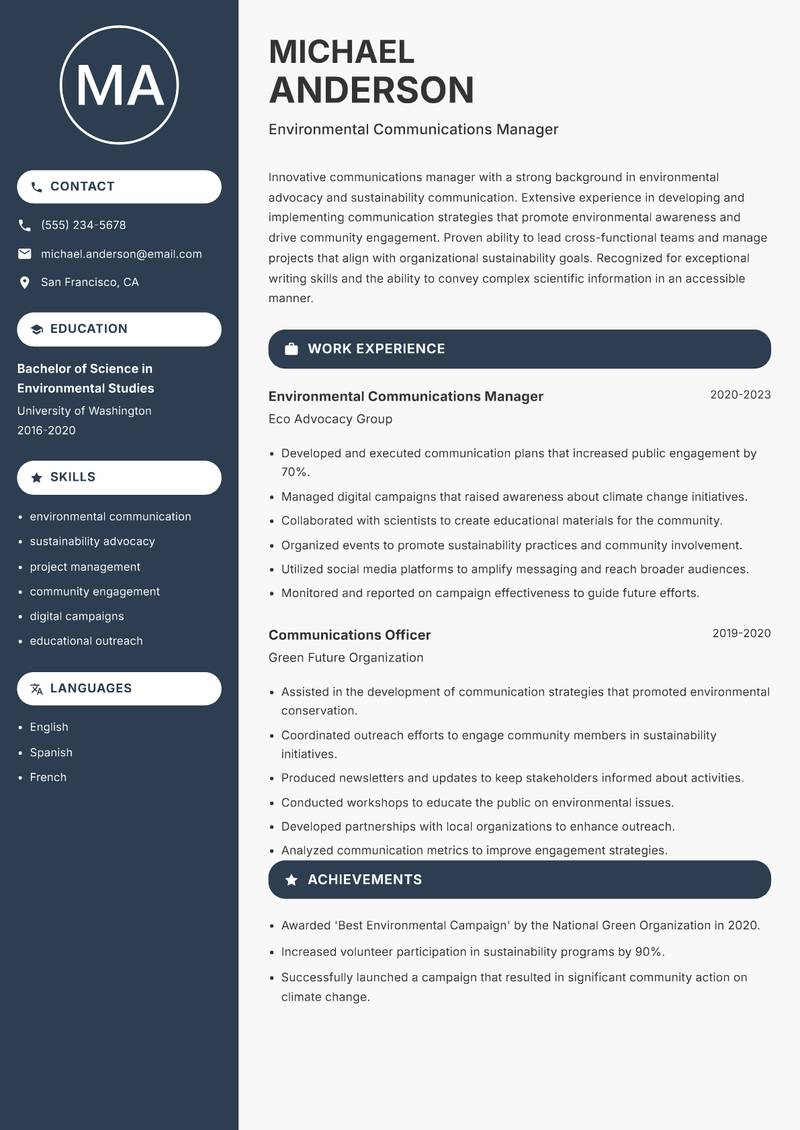 Communications Manager resume template — Compact