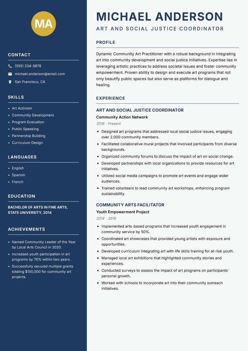 Community Art Practitioner resume template — Classic Clean