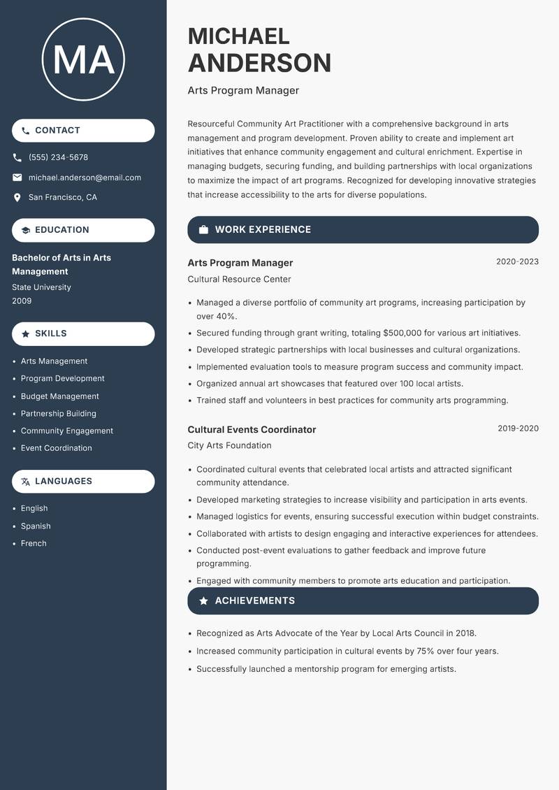 Community Art Practitioner resume template — Compact