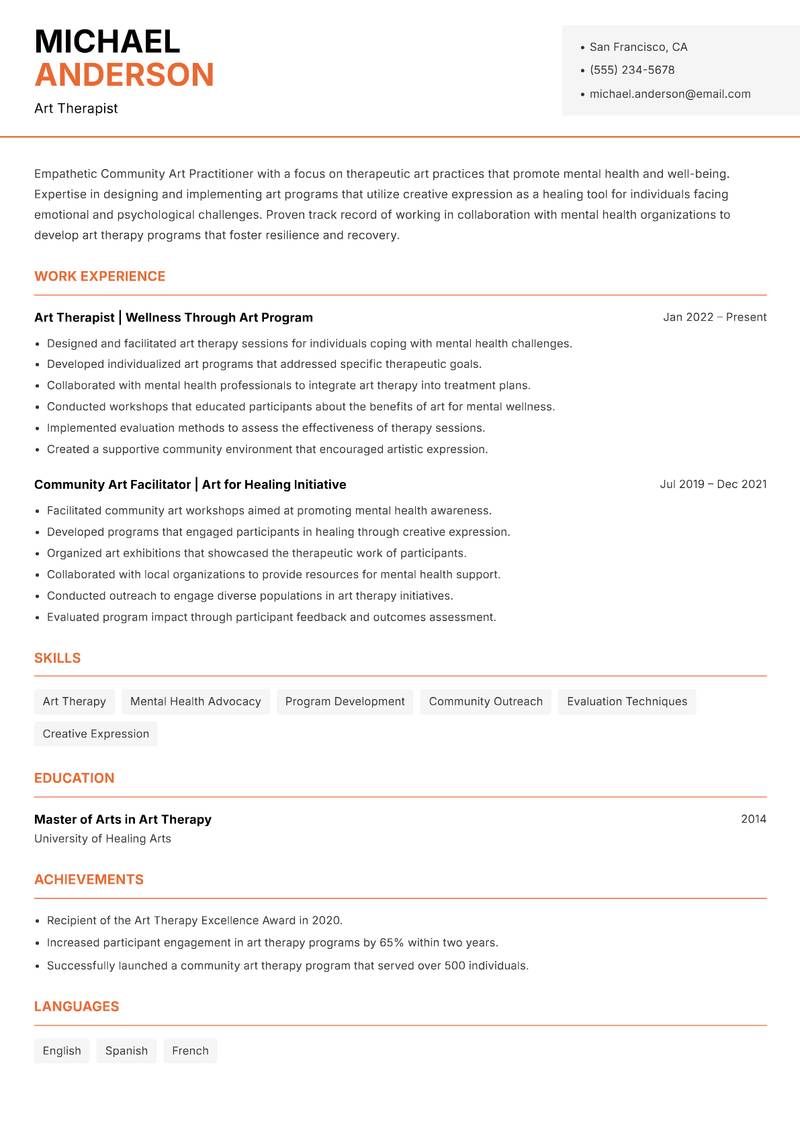 Community Art Practitioner resume template — Modern Professional