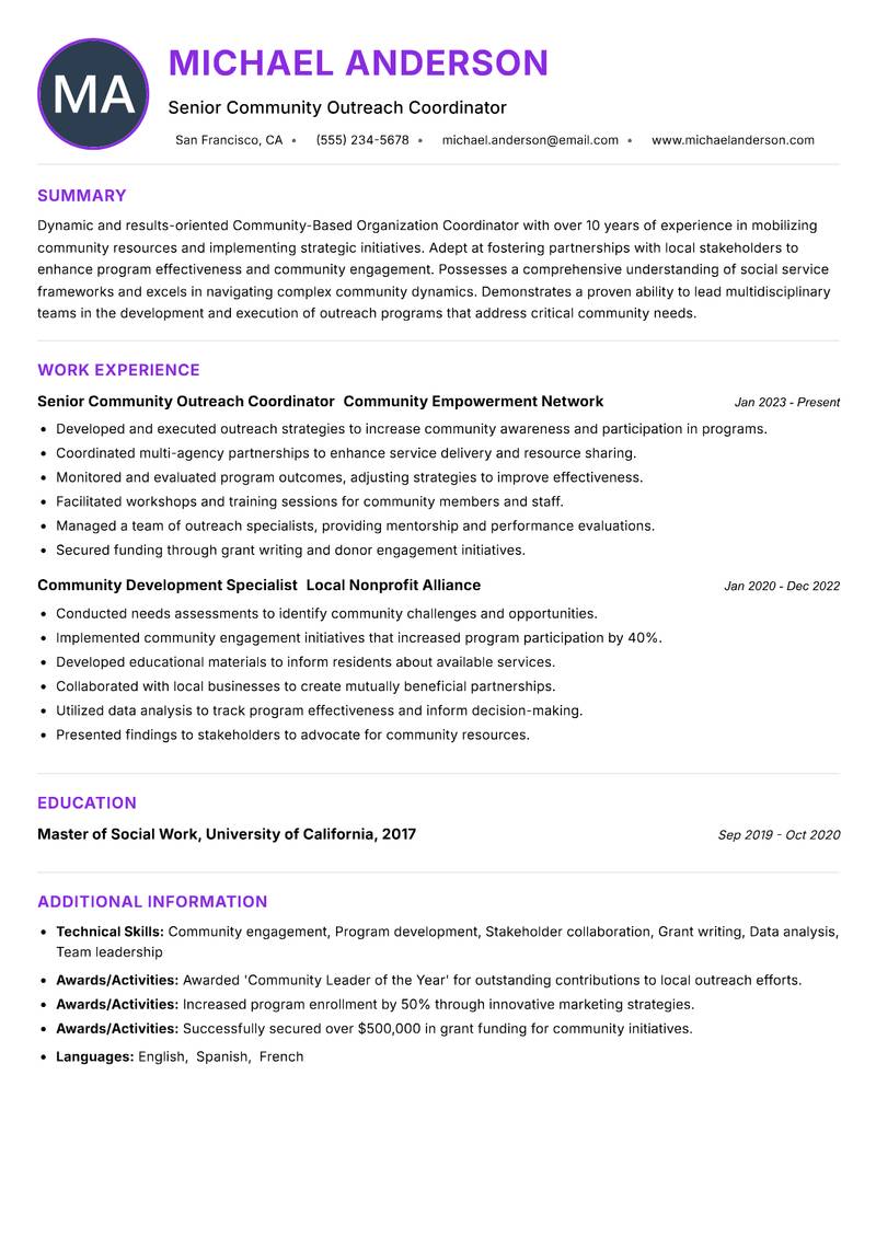Community-Based Organization Coordinator resume example — ATS-friendly template