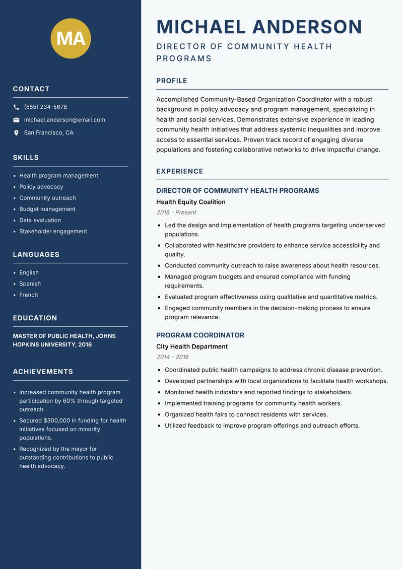 Community-Based Organization Coordinator resume template — Classic Clean