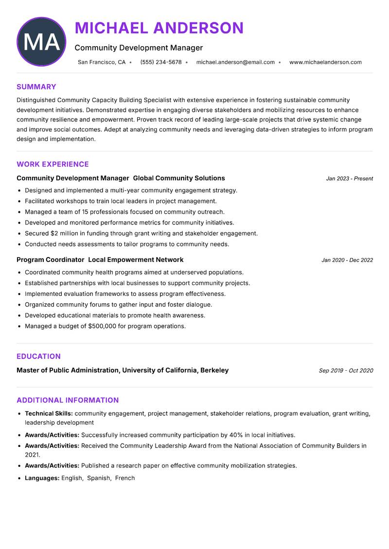 Community Capacity Building Specialist resume example — Community Development