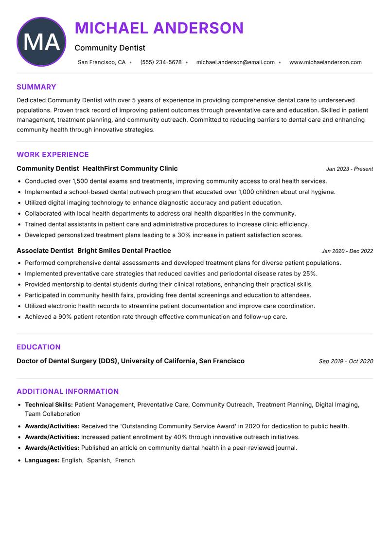 Community Dentist resume example — ATS-friendly template